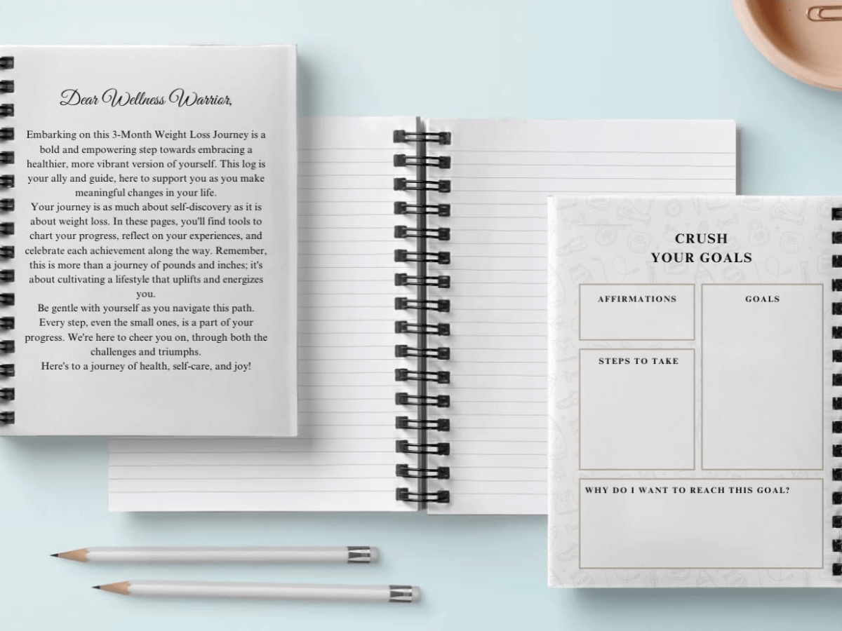 Open weight loss journal with pen and tea on a desk – promoting mindful tracking instead of app notifications